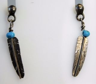 Vtg Turquoise Sterling Silver Navajo Native American Dangle Feather Earrings