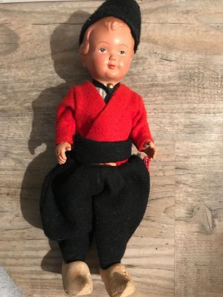 Miniature Doll Figurine Vintage 1920 Celluloid Plastic Boy Wood Shoe