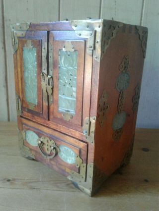 Vintage Chinese Traditional Cabinet Form Wood And Hard Stone Jewellery Chest
