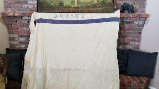 Us Navy Wool Blanket Vintage Blue Stripe Block Letters 78x68 E11