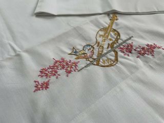 2 Vtg Pillowcases Embroidered Bird Violin Pink Flowers White Pair Shams Chic