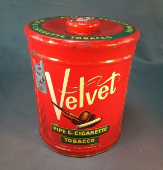 Vintage Velvet Pipe & Cigarette Tobacco Tin Round Can & Lid With Knob Dark Red