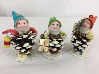 Vtg Chenille Pipe Cleaner Elf Dwarf Figures Set (3) Christmas Ornaments Mc Japan