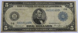 1914 $5 Large Federal Reserve Note,  Vintage Lincoln,  York Bill (061019v)
