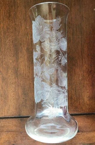 Vintage Etched Glass Vase Clear Intricate Flowers Roses 10 In.  Unmarked Antique