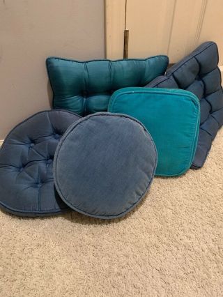 Vtg Mid Century 5 Multi Fabric Throw Pillows Blues