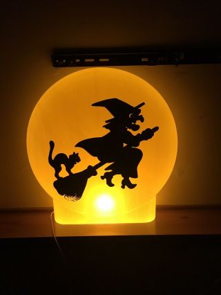 Vintage Halloween Blow Mold Witch,  Broom & Cat Silhouette On Moon 21x20 Sunhill
