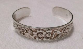 Vintage Sterling Silver Repousse Floral Cuff Bracelet Art Nouveau