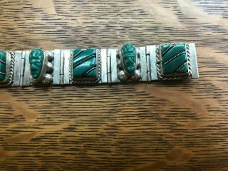 Vintage Mexican Sterling Silver Bracelet Green Onyx Aztec face Design 7.  5 