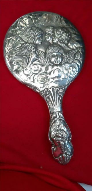 1906 English Silver Hand Mirror With Classic Embossed Cherub Design