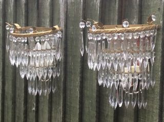 A Large Vintage Mirror Backed Crystal Basket Style Wall Lights 2