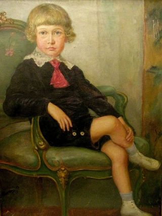Antique Full Portrait Young Boy Signed 24 X 32,  5 Oil On Canvas Painting 1919