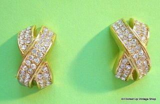 Vintage Signed Christian Dior Clip On Earrings Gold Tone X Crystal Rhinestones