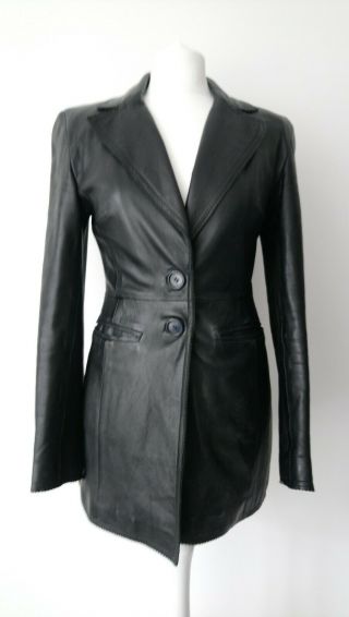Karen Millen Size 10 Uk Ladies Black Leather Vintage Jacket Pp Hip Length