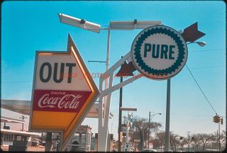 1960s Pure Gas Station Sign Orig Amateur Candid 35mm Photo Slide Car Vtg Old