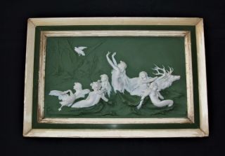 ANTIQUE JASPERWARE PORCELAIN RELIEF WALL PLAQUE NUDE MAIDEN STAG EAGLE MYTHOLOGY 2