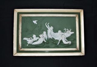 ANTIQUE JASPERWARE PORCELAIN RELIEF WALL PLAQUE NUDE MAIDEN STAG EAGLE MYTHOLOGY 3