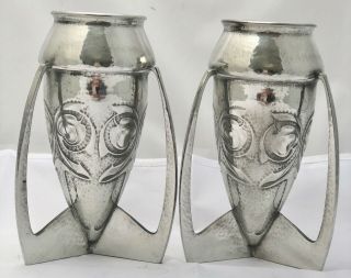 Stunning Matched Pair Liberty & Co Tudric Pewter Vases 0226 By Archibald Knox