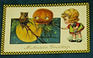 Vintage Halloween German Postcard Embossed Pumpkin Owl & Child Marked Bavaria