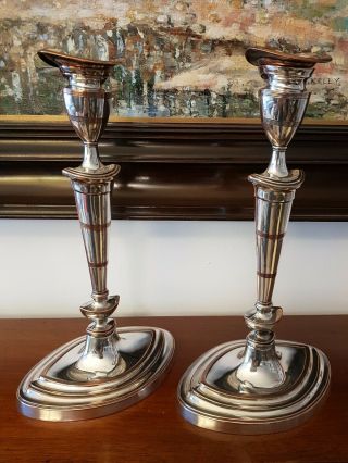 Good Antique Pair Silver On Copper Candlesticks In The Georgian Style