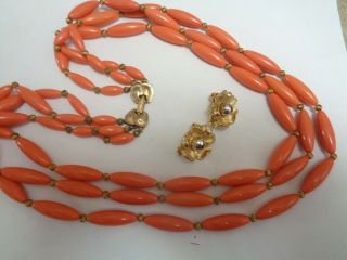 Vintage Multi 3 Strand Orange Coral Lucite Gold Tone Beaded Necklace & Earrings