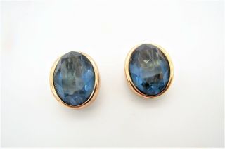 Vtg Christian Dior Gold Tone Clip Earrings W/large Blue Solitaires