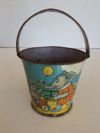 Vintage Stover Candies Small Tin Litho Sand Pail Animals On The Boardwalk