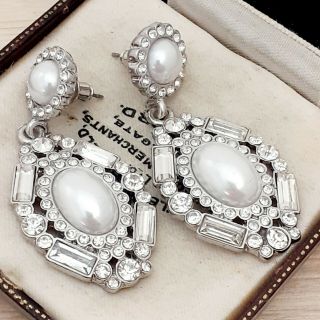 Vintage Art Deco Style Diamante & Pearl Large Drop Dangle Pierced Earrings