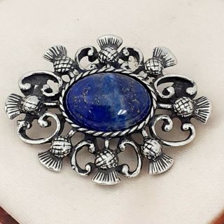 Vintage Style Blue Lapis Lazuli Gemstone Pewter Celtic Scottish Thistle Brooch