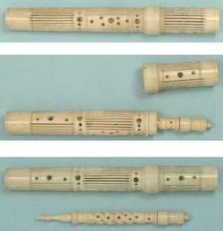 Wonderful Double Antique Carved Bone Needle Case English Circa 1830 2