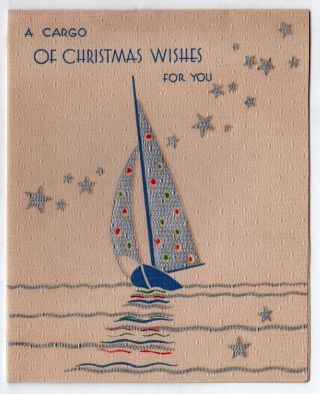 Vintage Christmas Card Xmas Sailboat Sailing Boat Ship Art Deco 1930s Maritime