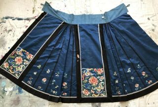 Antique 19thc Qing Chinese Blue Satin Apron Skirt Embroidered Florals Moths Vtg