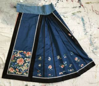 Antique 19thC Qing Chinese Blue Satin Apron Skirt Embroidered Florals Moths VTG 2