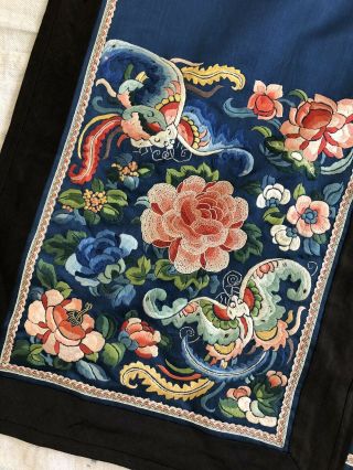 Antique 19thC Qing Chinese Blue Satin Apron Skirt Embroidered Florals Moths VTG 3