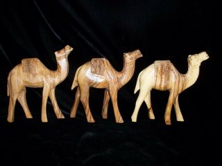 3 Vintage Hand Carved Wood Middle East Camels Nativity Creche