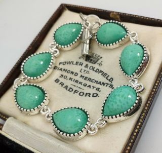 Vintage - 1950s CZECH Green Peking Marble Glass Cabochon - Pear Drop Bracelet 2
