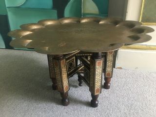 Islamic Inlaid Low Folding Table With Brass Tray Circa 1920 - 40’s
