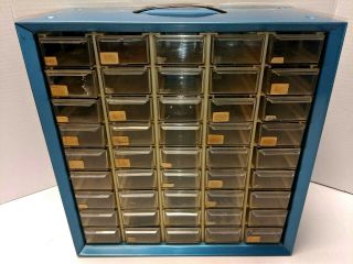 Vtg Blue Akro - Mils 45 Drawer Metal Storage Cabinet Part Tool Bin Box Wall Handle