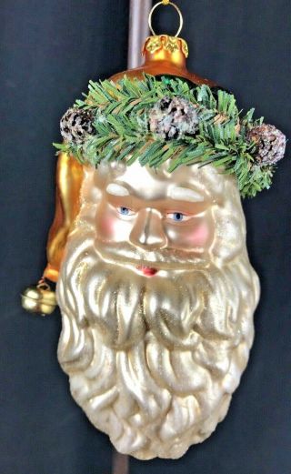 Vintage Santa Head Ornament Wreath Pine Cones Bell Large Glass 5 1/2 " Tall