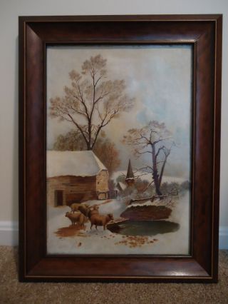 Antique 19th Century Oil On Canvas Winter Landscape With Farmhouse Sheep & Barn