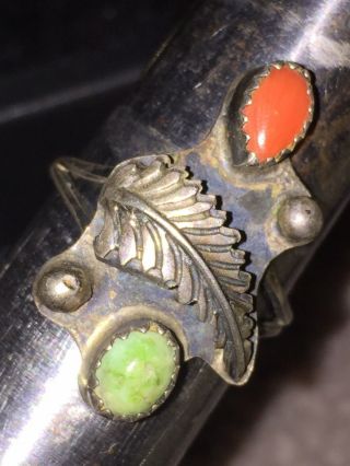 Vintage Southwestern Tribal Turquoise/coral Sterling Silver Ring Size 9 Navajo