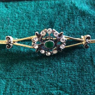 Vintage / Antique Gold Metal Pin Bar Brooch With Diamond And Green Stones