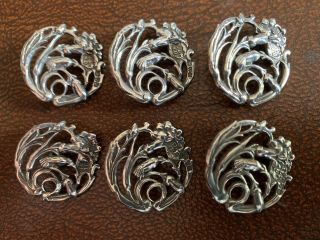 Set Of 6 Solid Silver Art Nouveau Buttons Hm.  Chester 1902,  James Deakin & Sons