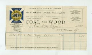 Vintage Illustrated Billhead Bay State Fuel Co Cambridge Ma 1901 Wood & Coal