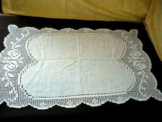 Vintage White Linen And Lace Table Centre Piece / Tray Cloth / Large Doilie
