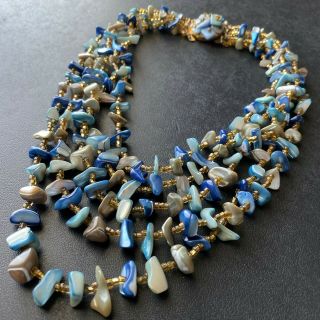 Signed Japan Vintage Multi Strand Blue Green Sea Shell Bead Necklace 435
