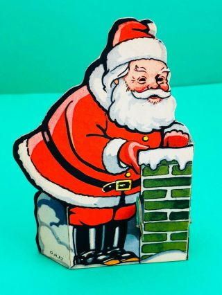 Vintage Christmas Cardboard Santa Climbing Into Chimney Candy Container 1940 
