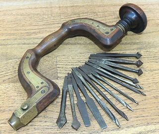 T.  E.  Wells & Co Sheffield Brass Plated Bit Brace W/bits - Antique Hand Tool - Drill