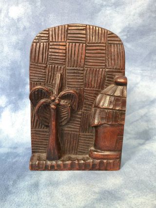 Vtg 9 " Hand Carved Wooden Tropical Tiki Panel,  Palm Tree Beach Straw Hut