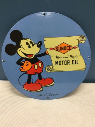 Vtg Sunoco Motor Oil Advertising Disney Mickey Mouse Porcelain Pump Plate Sign